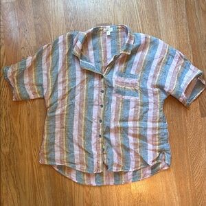 Garnet Hill Striped Linen Shirt Button Down Top Short Sleeve Size 12